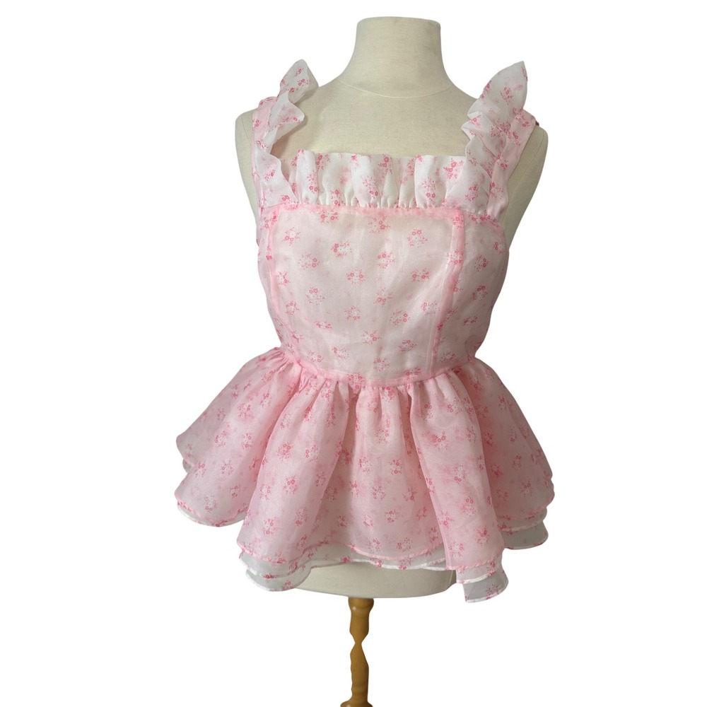Selkie Pink Floral Organza Peplum Top Ruffle Strap Sleeveless Blouse Womens M